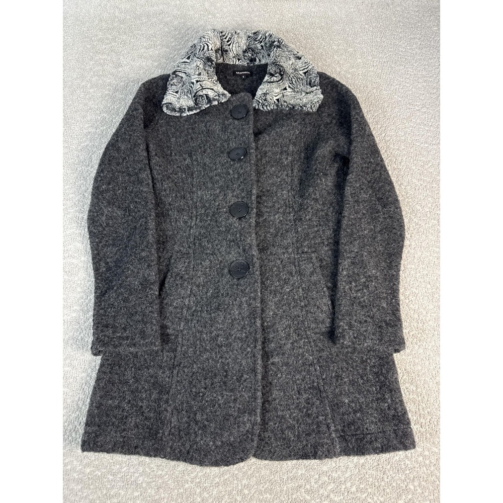 Marisol‎ Coat Womens Small Gray Wool Faux Fur Collar Button Front Made Italy